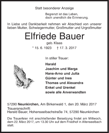 Traueranzeige von Elfriede Bauer von Siegener Zeitung
