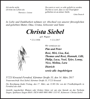 Traueranzeige von Christa Siebel von Siegener Zeitung