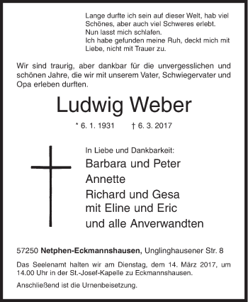 Traueranzeige von Ludwig Weber von Siegener Zeitung