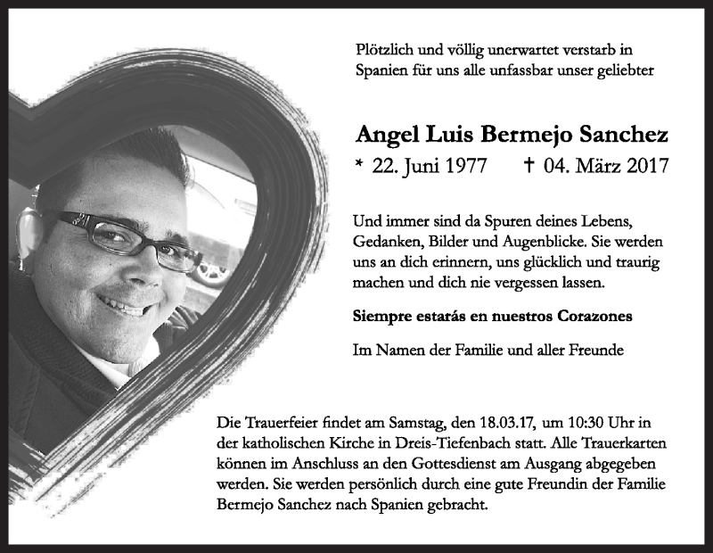  Traueranzeige für Angel Luis Bermejo Sanchez vom 11.03.2017 aus Siegener Zeitung