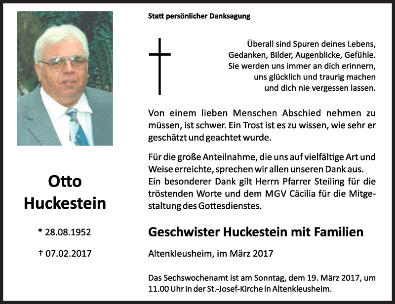  Traueranzeige für Otto Huckestein vom 15.03.2017 aus Siegener Zeitung