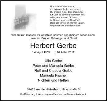 Traueranzeige von Herbert Gerbe von Siegener Zeitung