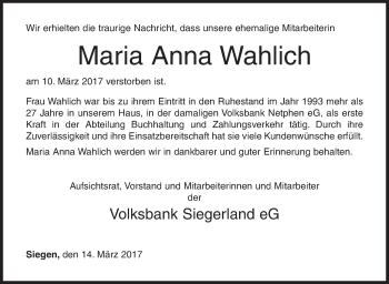 Traueranzeige von Maria Anna Wahlich von Siegener Zeitung