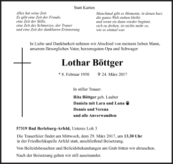 Traueranzeige von Lothar Böttger von Siegener Zeitung
