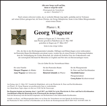 Traueranzeige von Georg Wagener von Siegener Zeitung