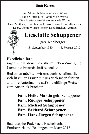 Traueranzeige von Lieselotte Schuppener von Siegener Zeitung
