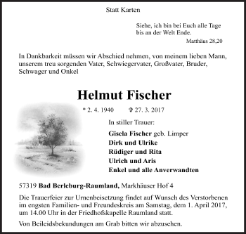 Traueranzeige von Helmut Fischer von Siegener Zeitung