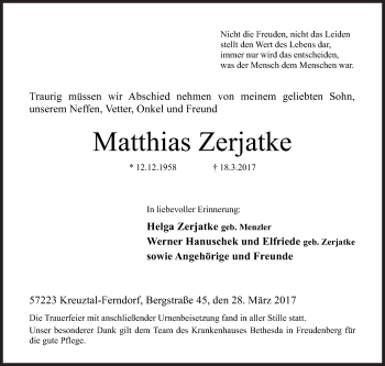 Traueranzeige von Matthias Zerjatke von Siegener Zeitung