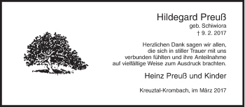 Traueranzeige von Hildegard Preuß von Siegener Zeitung