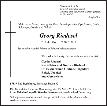 Traueranzeige von Georg Riedesel von Siegener Zeitung