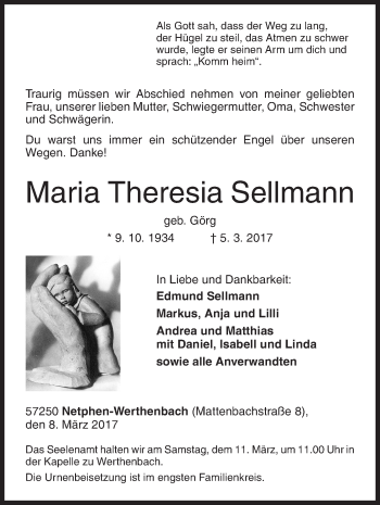 Traueranzeige von Maria Theresia Sellmann von Siegener Zeitung