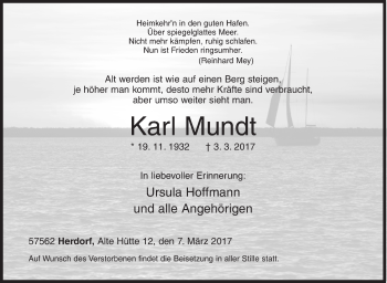 Traueranzeige von Karl Mundt von Siegener Zeitung