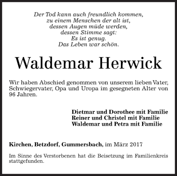 Traueranzeige von Waldemar Herwick von Siegener Zeitung