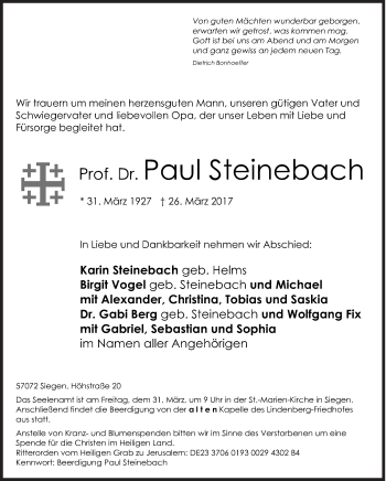 Traueranzeige von Paul Steinebach von Siegener Zeitung