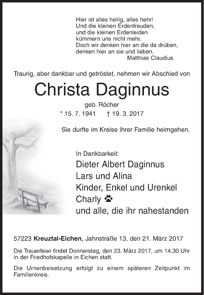  Traueranzeige für Christa Daginnus vom 21.03.2017 aus Siegener Zeitung
