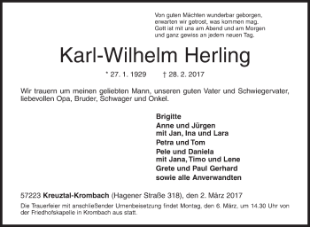 Traueranzeige von Karl-Wilhelm Herling von Siegener Zeitung