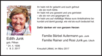 Traueranzeige von Edith Junk von Siegener Zeitung