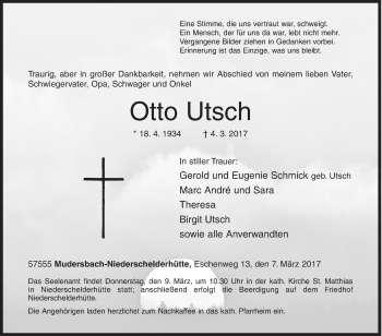 Traueranzeige von Otto Utsch von Siegener Zeitung