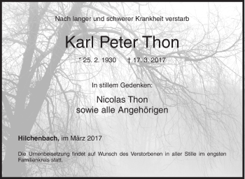 Traueranzeige von Karl Peter Thon von Siegener Zeitung