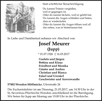 Traueranzeige von Josef Meurer von Siegener Zeitung