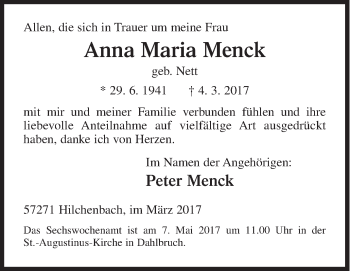 Traueranzeige von Anna Maria Menck von Siegener Zeitung