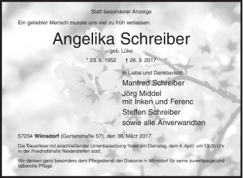 Traueranzeige von Angelika Schreiber von Siegener Zeitung