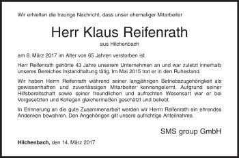 Traueranzeige von Klaus Reifenrath von Siegener Zeitung
