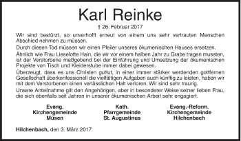 Traueranzeige von Karl Reinke von Siegener Zeitung