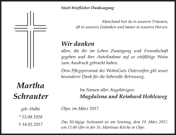 Traueranzeige von Martha Schrauter von Siegener Zeitung