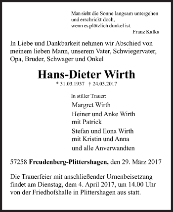 Traueranzeige von Hans-Dieter Wirth von Siegener Zeitung