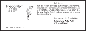 Traueranzeige von Frieda Plett von Siegener Zeitung