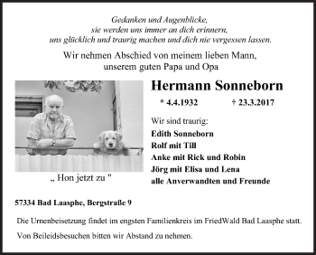 Traueranzeige von Hermann Sonneborn von Siegener Zeitung