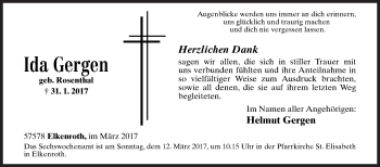 Traueranzeige von Ida Gergen von Siegener Zeitung