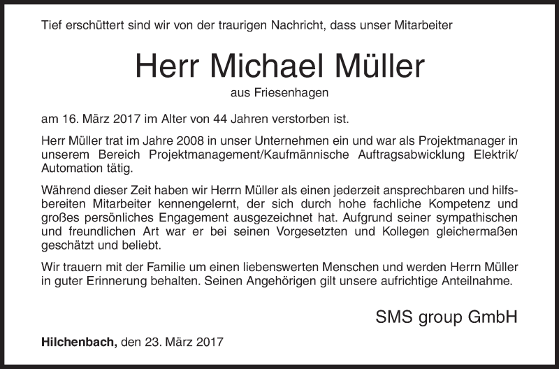  Traueranzeige für Michael Müller vom 23.03.2017 aus Siegener Zeitung
