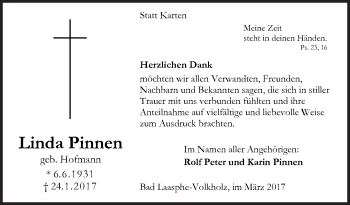 Traueranzeige von Linda Pinnen von Siegener Zeitung