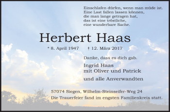 Traueranzeige von Herbert Haas von Siegener Zeitung
