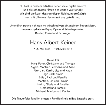 Traueranzeige von Hans Albert Keiner von Siegener Zeitung
