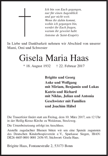 Traueranzeige von Gisela Maria Haas von Siegener Zeitung