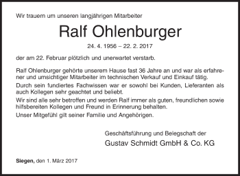 Traueranzeige von Ralf Ohlenburger von Siegener Zeitung