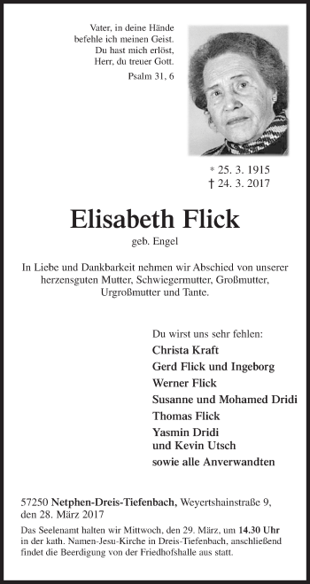 Traueranzeige von Elisabeth Flick von Siegener Zeitung