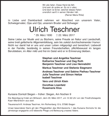 Traueranzeige von Ulrich Teschner von Siegener Zeitung