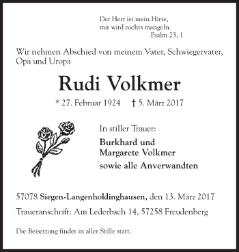Traueranzeige von Rudi Volkmer von Siegener Zeitung