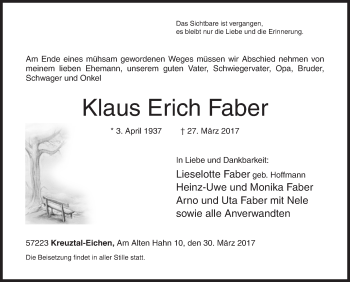 Traueranzeige von Klaus Erich Faber von Siegener Zeitung