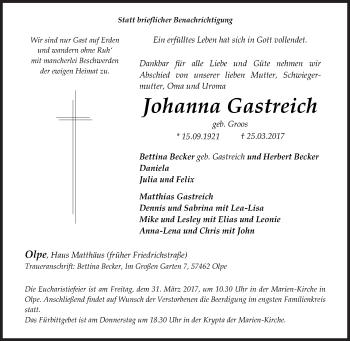 Traueranzeige von Johanna Gastreich von Siegener Zeitung