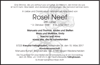 Traueranzeige von Rosel Neef von Siegener Zeitung
