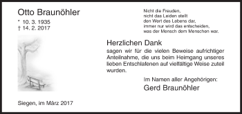 Traueranzeige von Otto Braunöhler von Siegener Zeitung