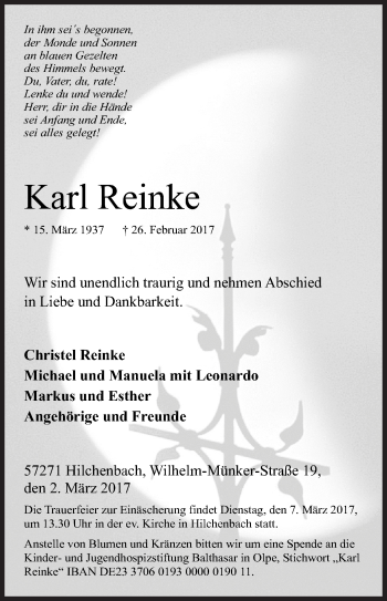 Traueranzeige von Karl Reinke von Siegener Zeitung