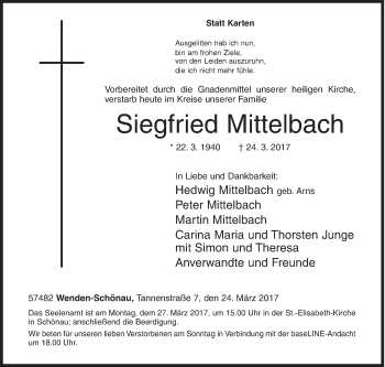 Traueranzeige von Siegfried Mittelbach von Siegener Zeitung