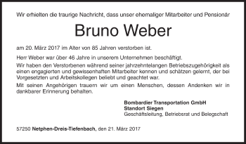 Traueranzeige von Bruno Weber von Siegener Zeitung