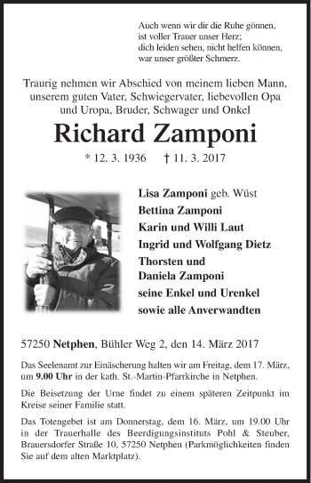 Traueranzeige von Richard Zamponi von Siegener Zeitung